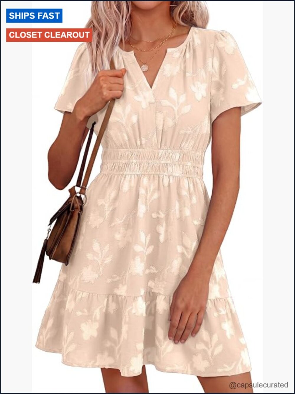 Women's Floral Empire Waist Short Sleeve V-Neck A-Line Mini Dress with Pockets